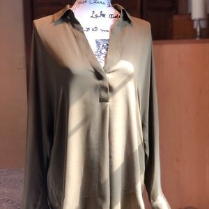 VINCE shirred back yoke silk blouse in Olive